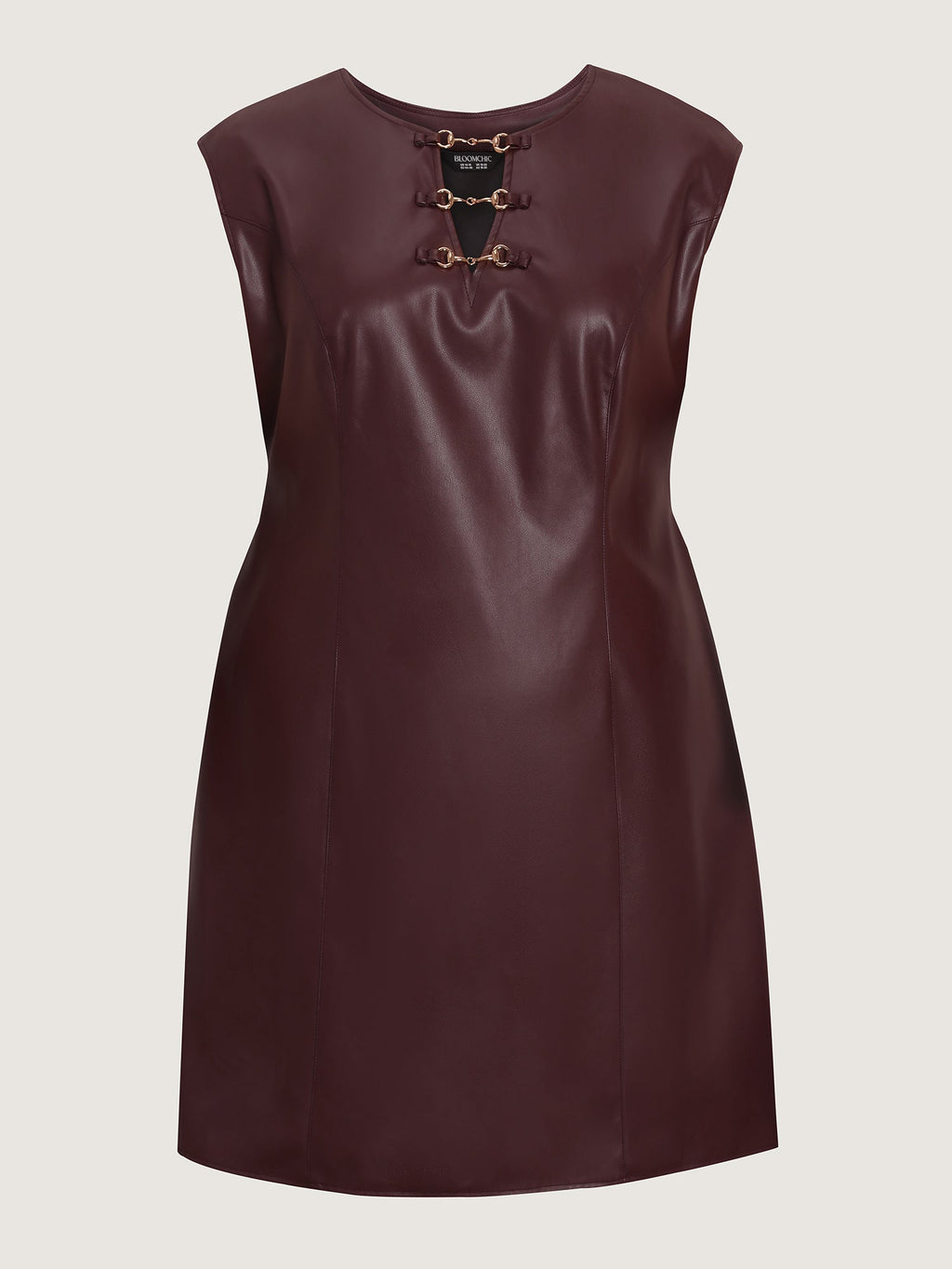 Artificial Leather Metal Detail Neckline Midi Dress