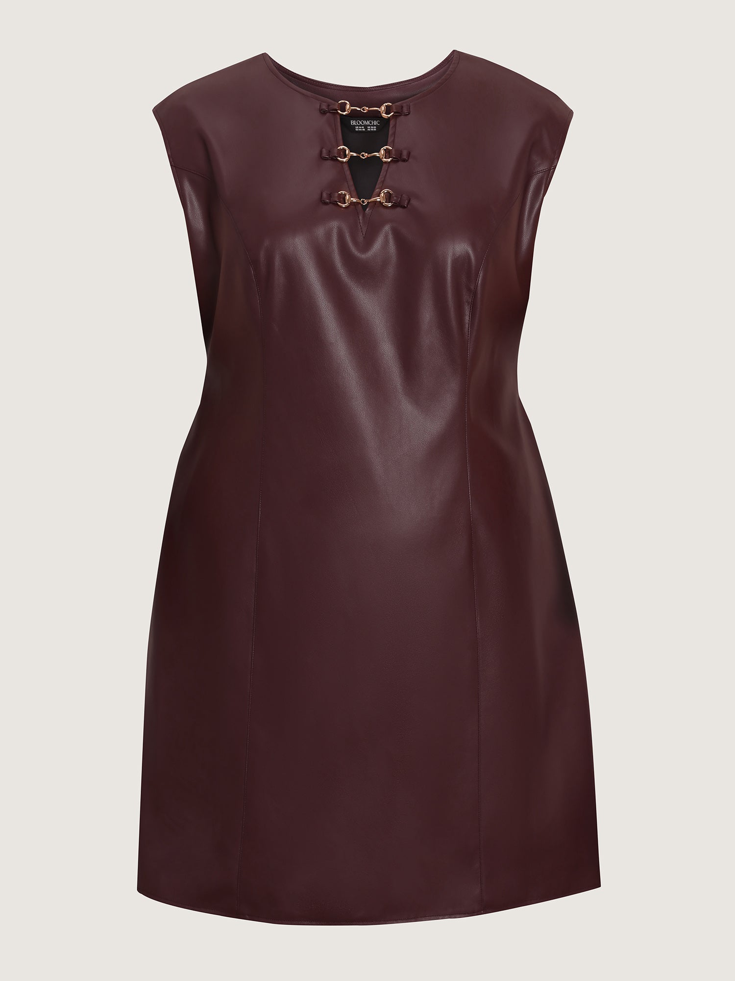 Artificial Leather Metal Detail Neckline Midi Dress