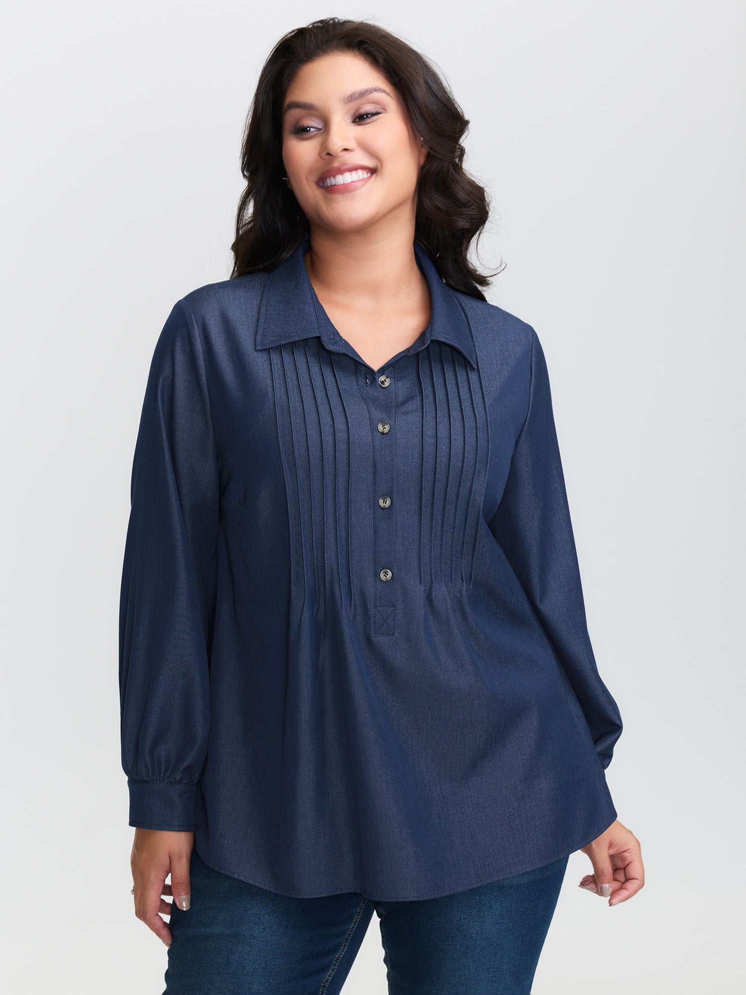 Buttons Pleated Denim Blouse