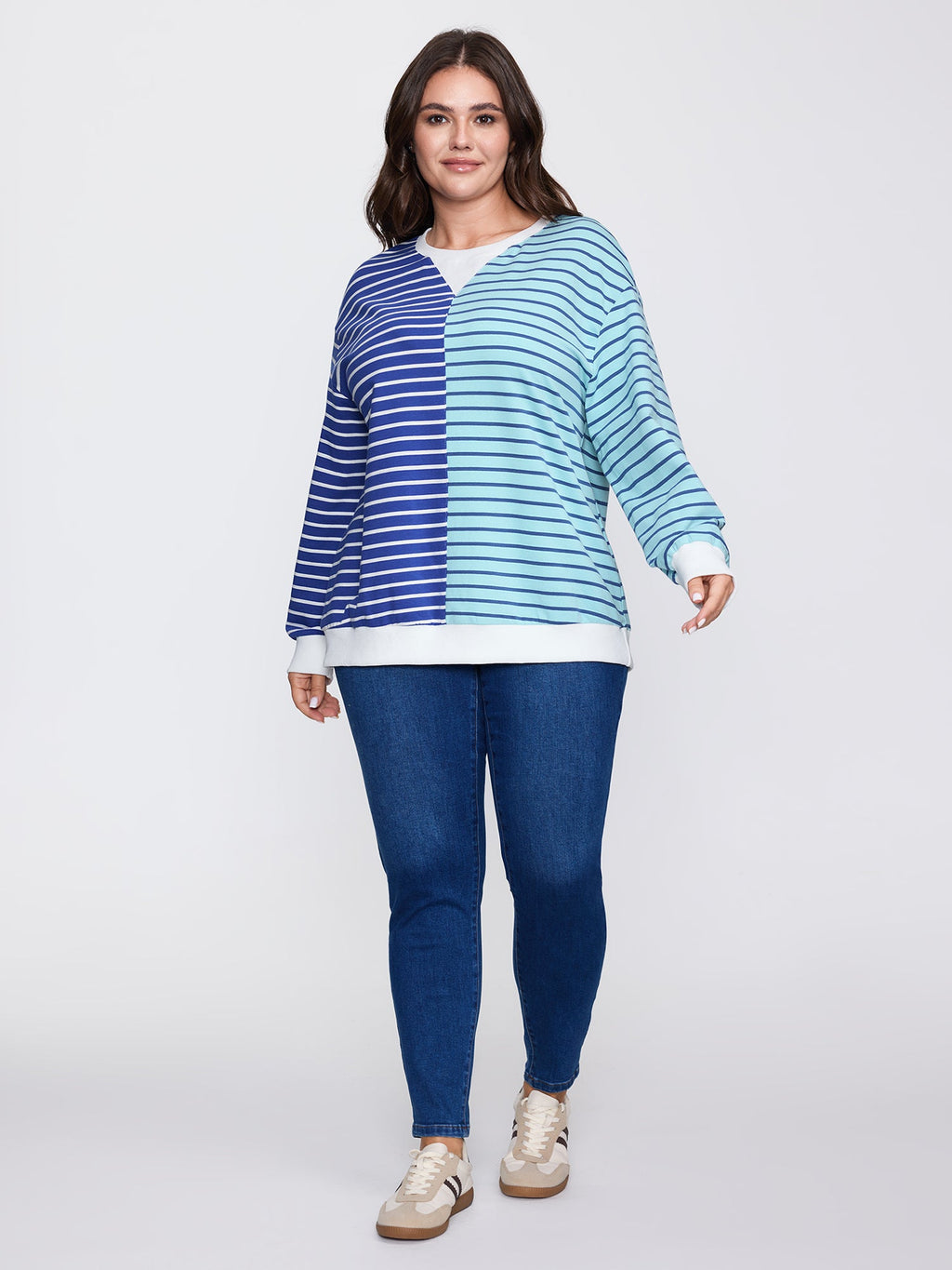 Color Contrast Stripe Print V-Neck Sweatshirt