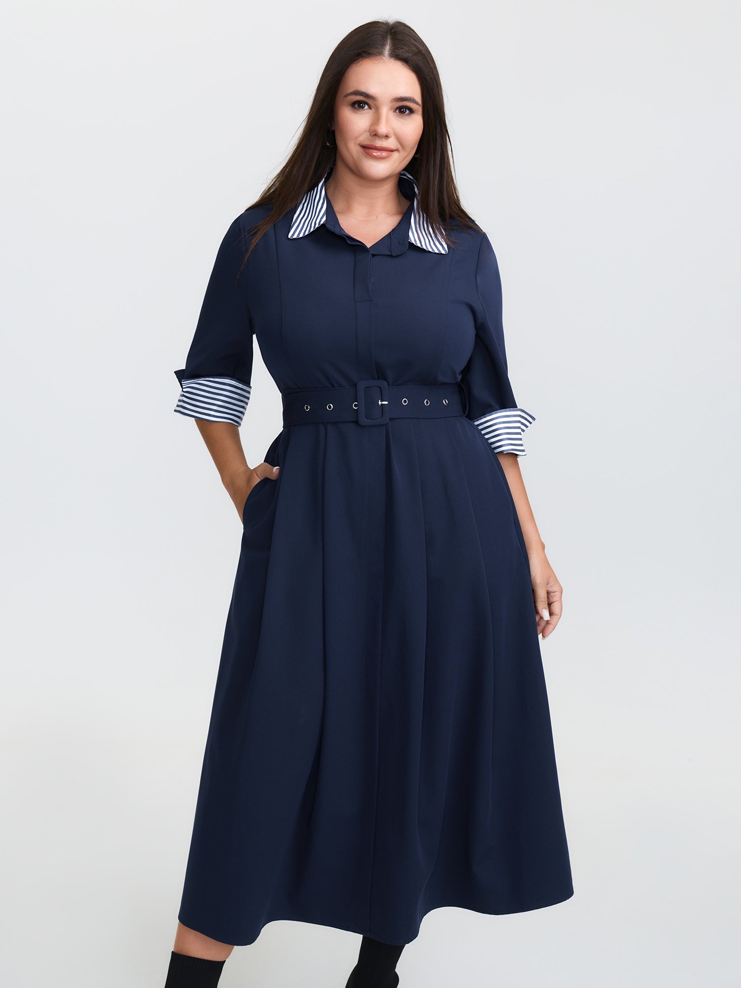 Color Contrast Cuffs Belted Midi Dress