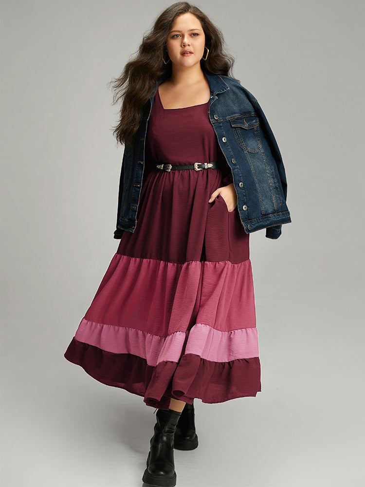 Colorblock Contrast Square Neck Ruffle Layered Hem Dress