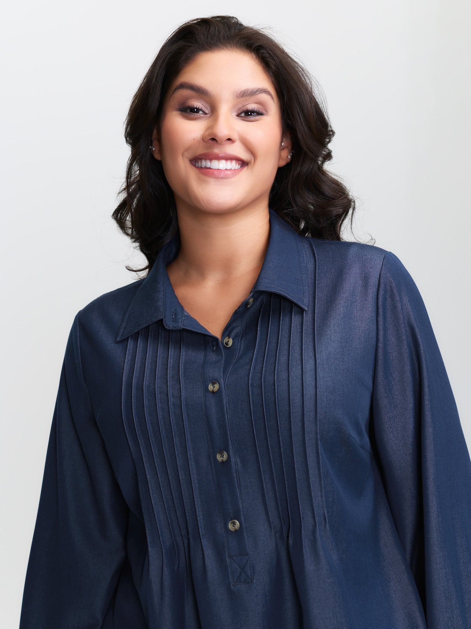 Buttons Pleated Denim Blouse