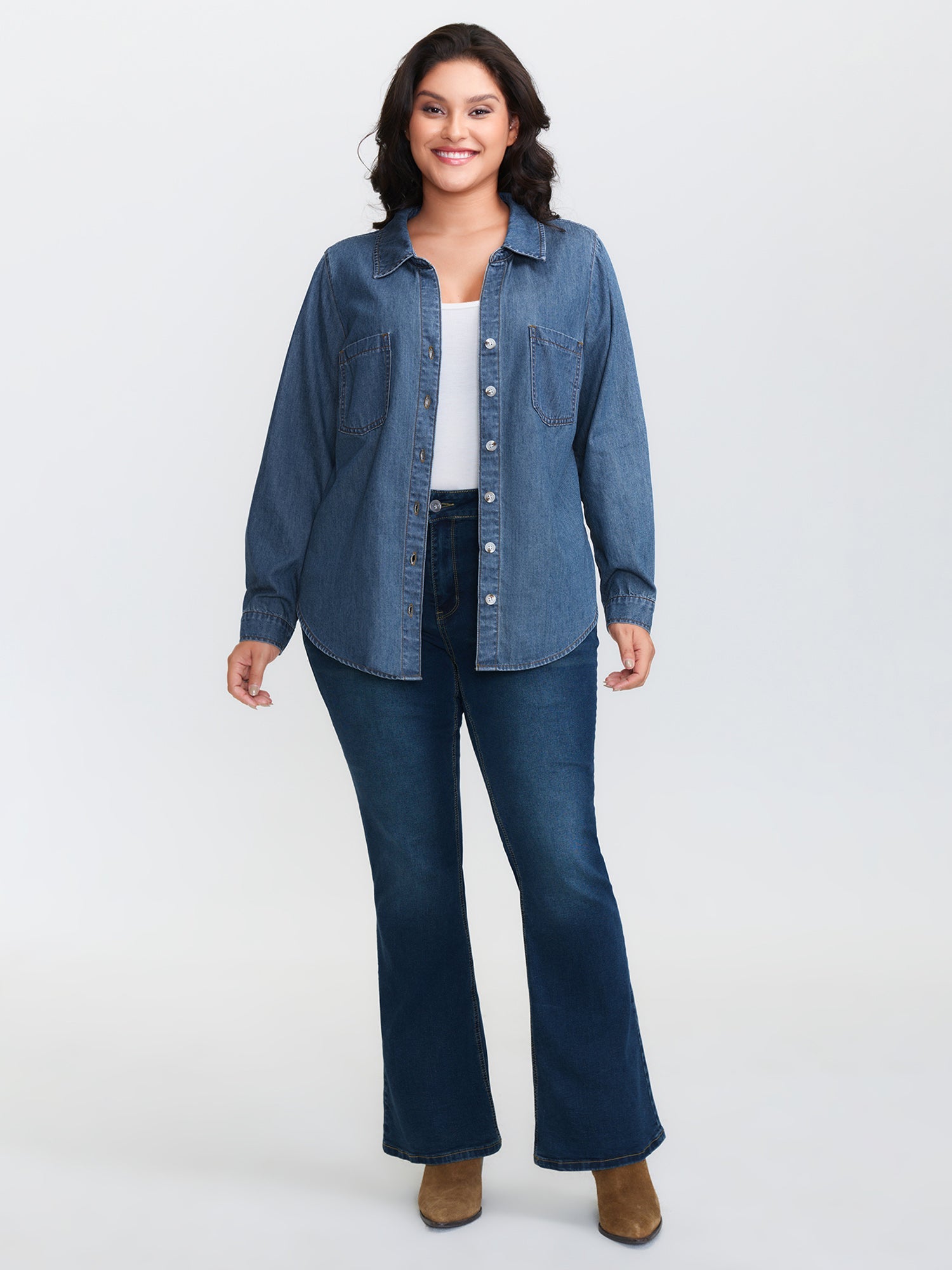 Button-Down Curvy Hem Denim Top