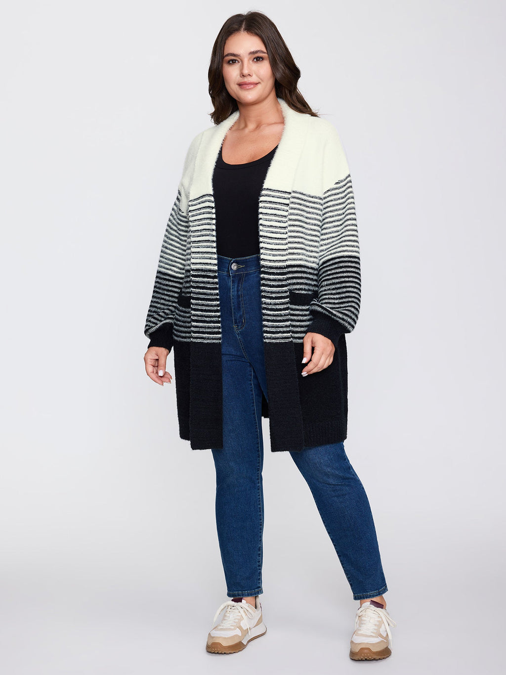 Colorblock Pockets Folded Collar Knit Cardigan