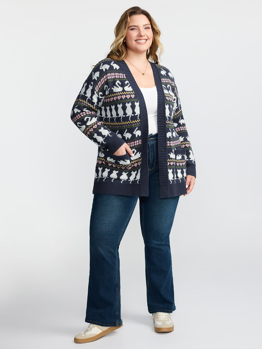 Animal Jacquard Pattern Pockets Knit Cardigan