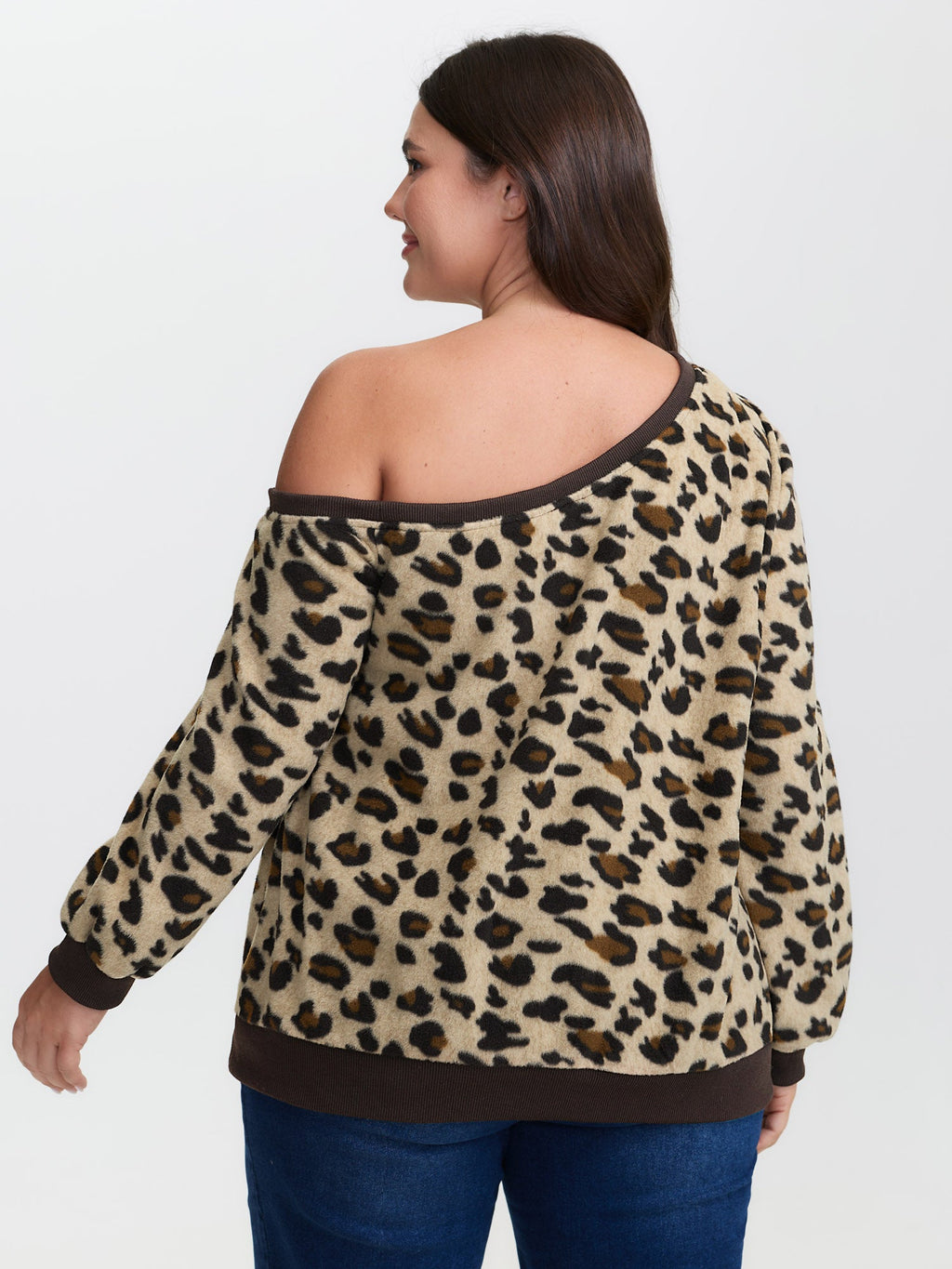 Velvety Leopard Print One-Shoulder Sweatshirt