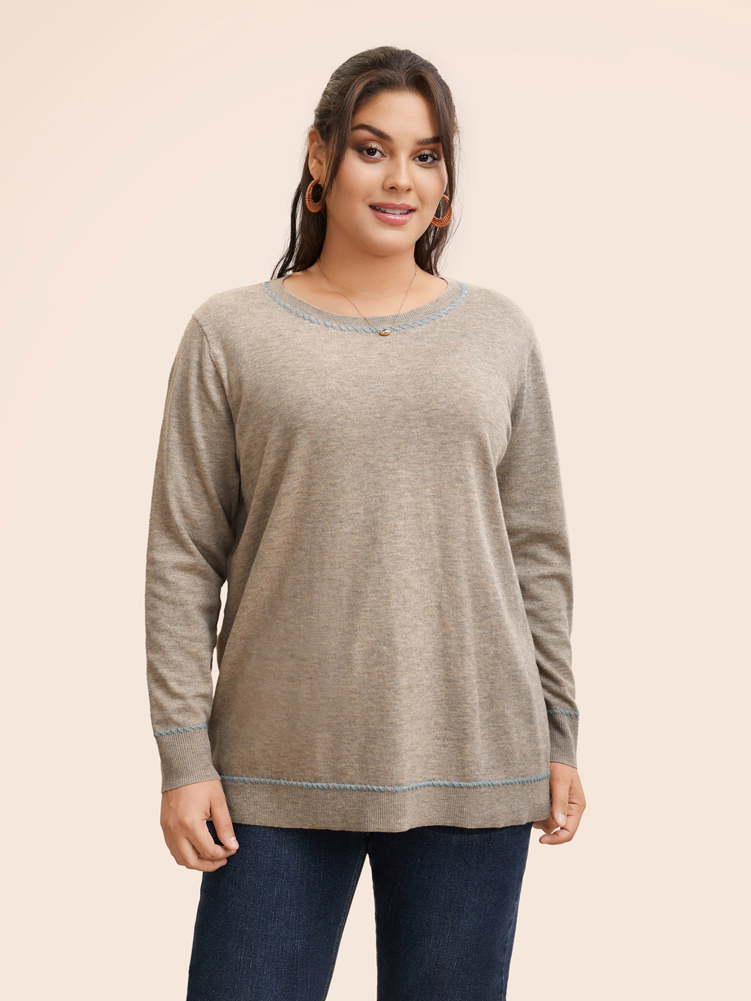 Anti-Pilling Round Neck Contrast Trim Pullover
