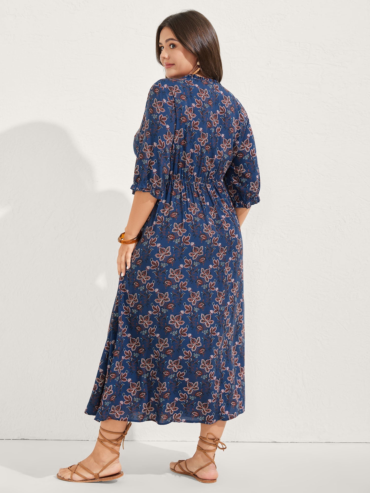 Boho Floral Neck Tie Midi Dress