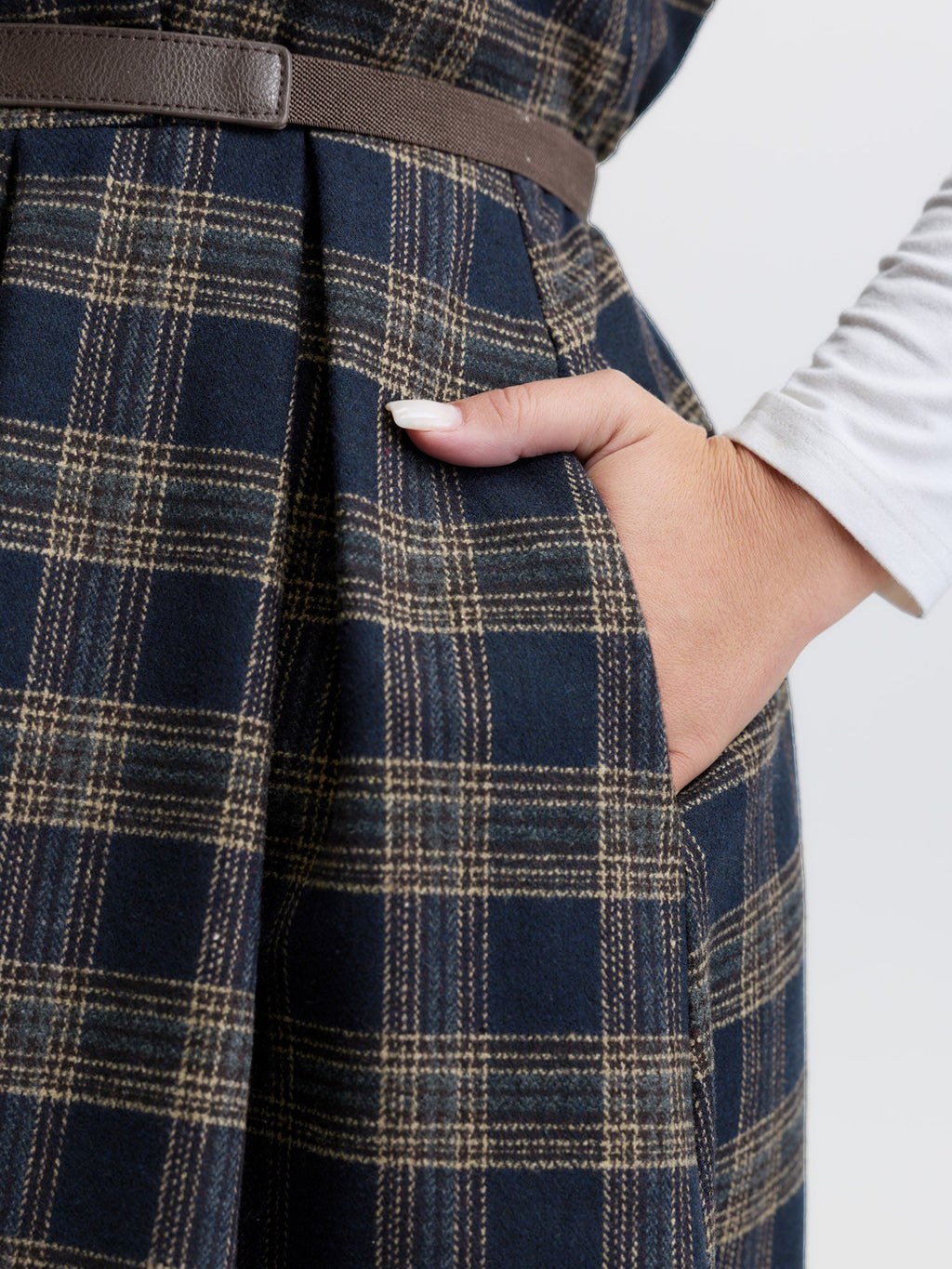 Checkered Pleated Pocket Midi Dress