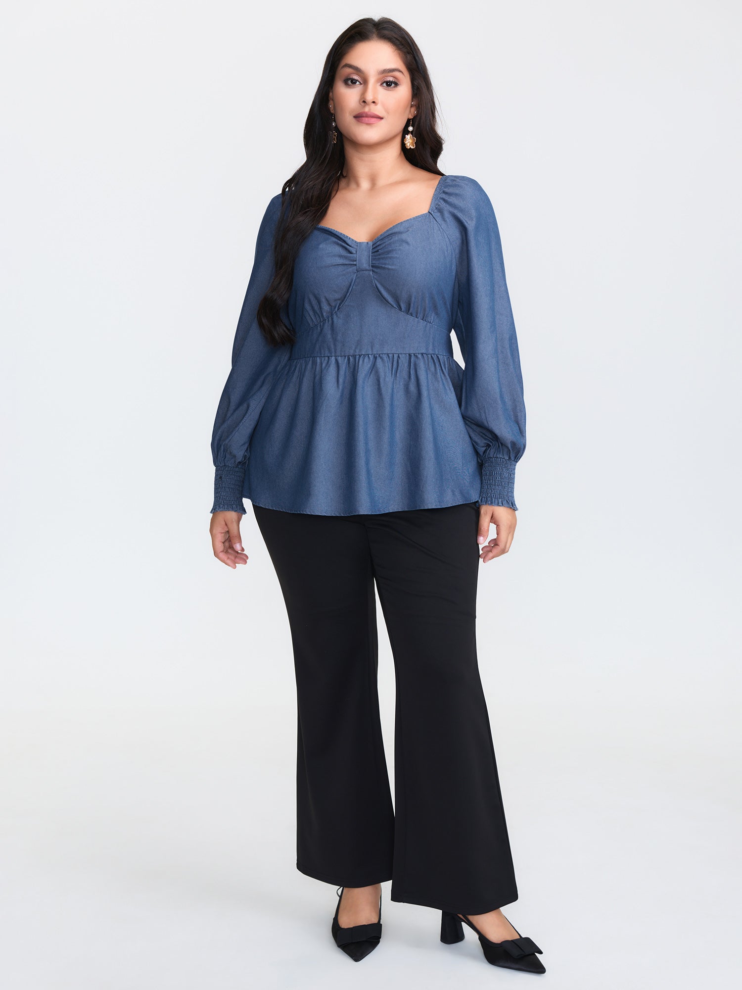 Denim Shirred Back Sweetheart Neck Blouse