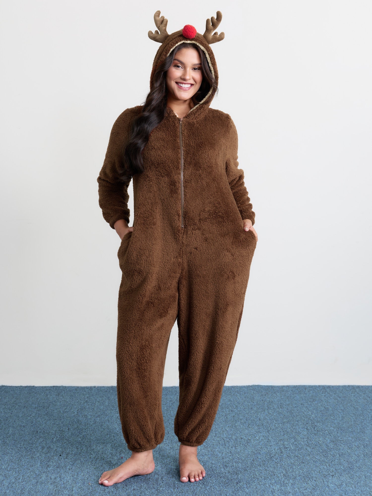 Supersoft Fluffy Reindeer Hoodie Sleep Jumpsuit