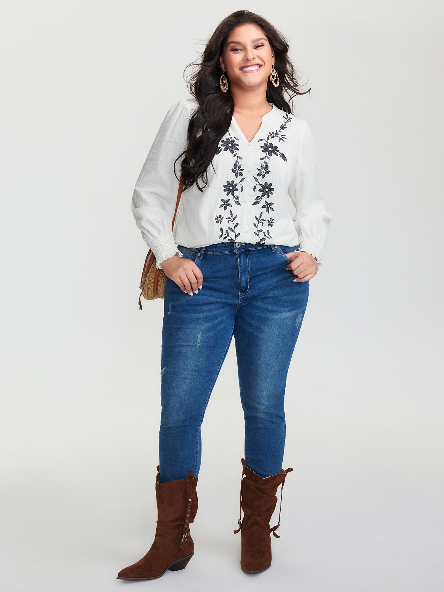 Cotton Floral Embroidery Shirred Blouse