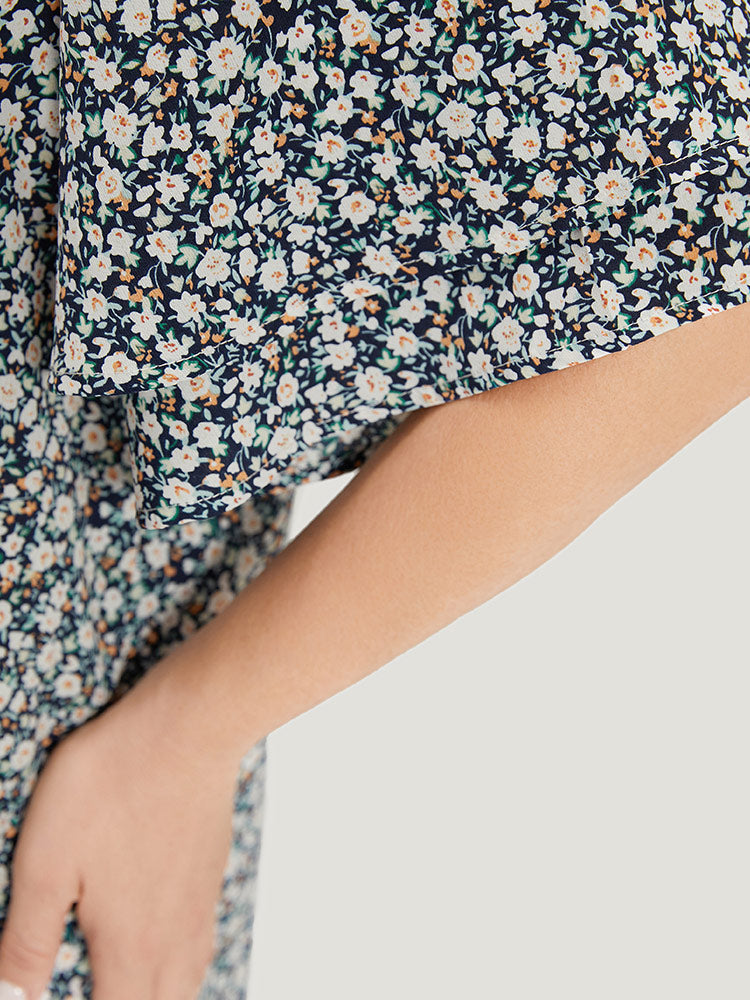 Ditsy Floral Notched Flutter Sleeve Blouse