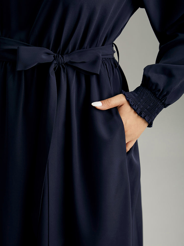 Anti-Wrinkle Plain Shirred Mock Neck Belted Dress