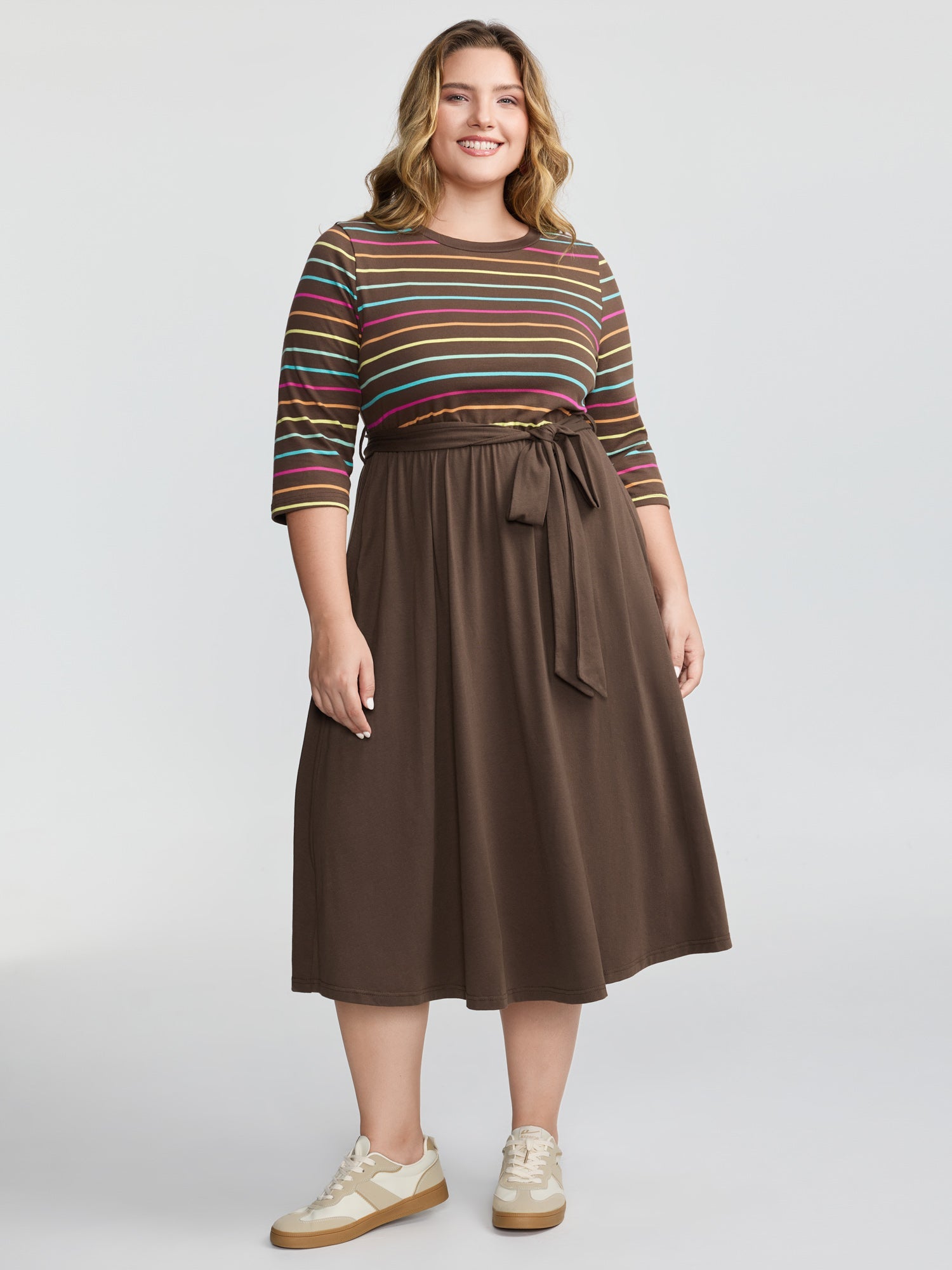 Colorful Stripe Stretchy Waist Midi Dress