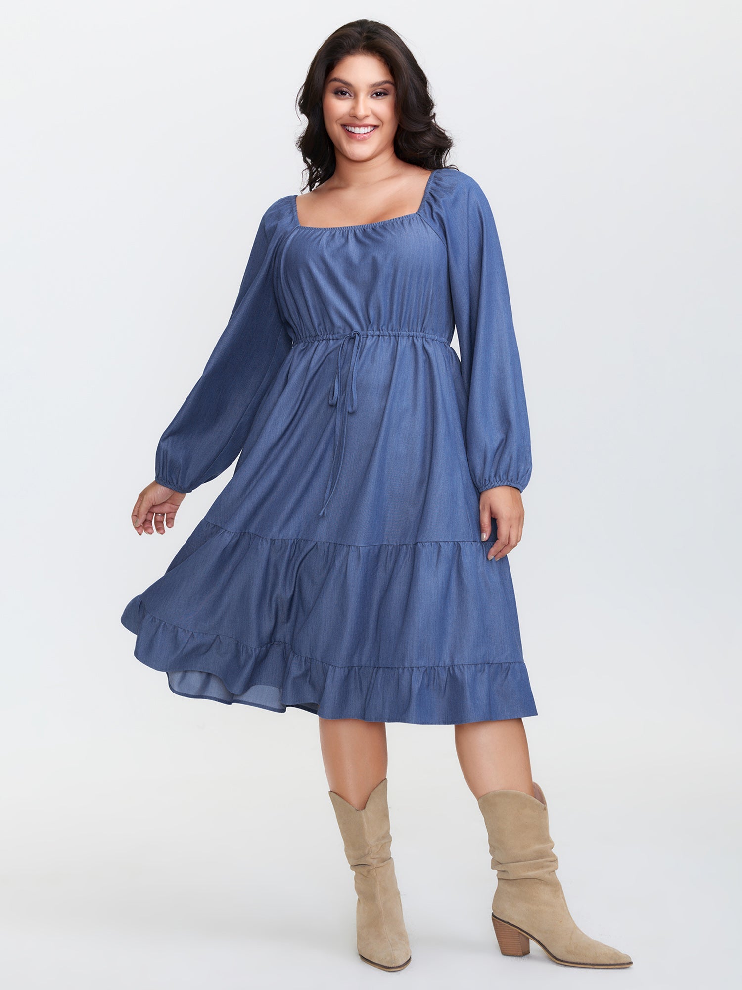 Denim-Like Cinched-Waist Pockets Midi Dress