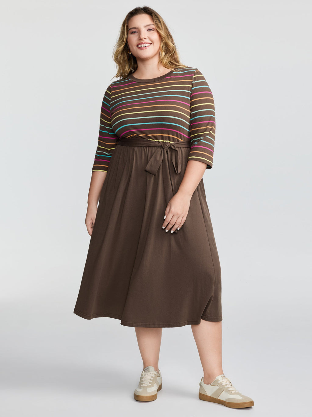 Colorful Stripe Stretchy Waist Midi Dress