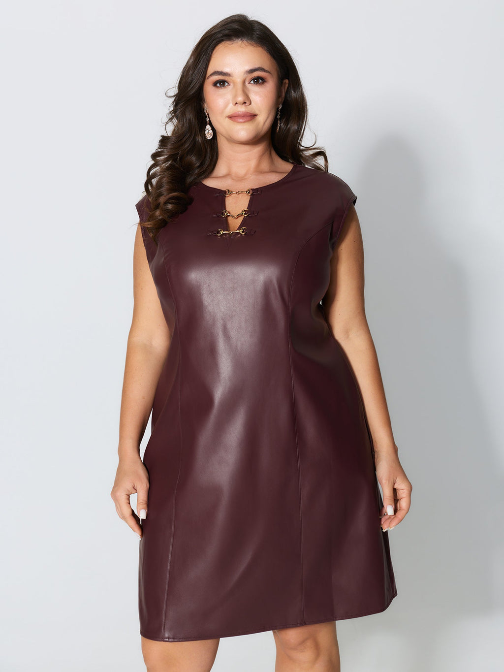 Artificial Leather Metal Detail Neckline Midi Dress
