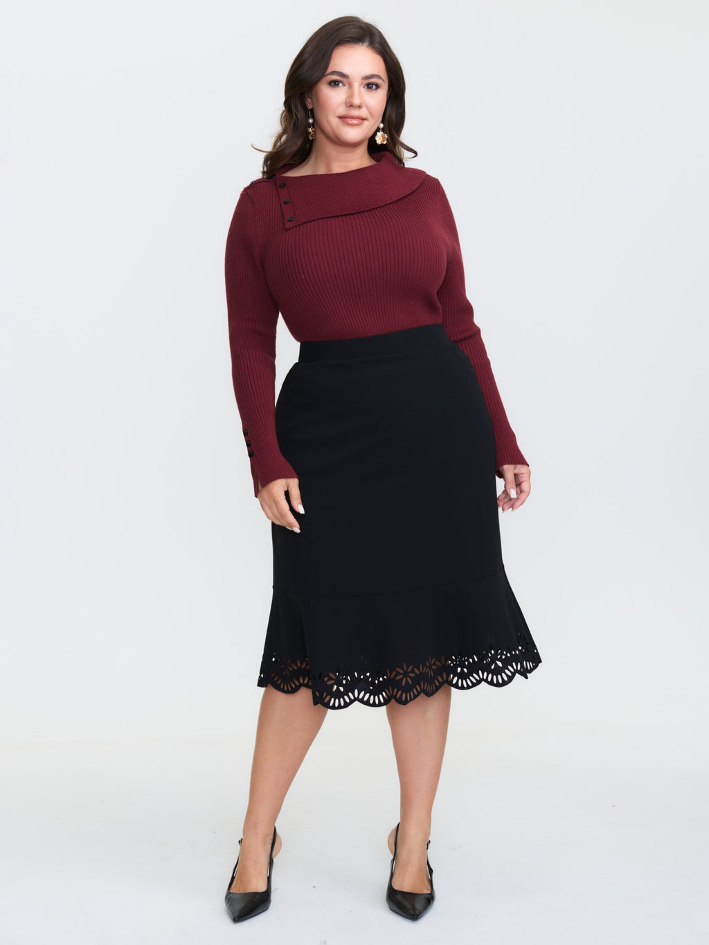 Collar Button Fitted Slit Fitted Pullover