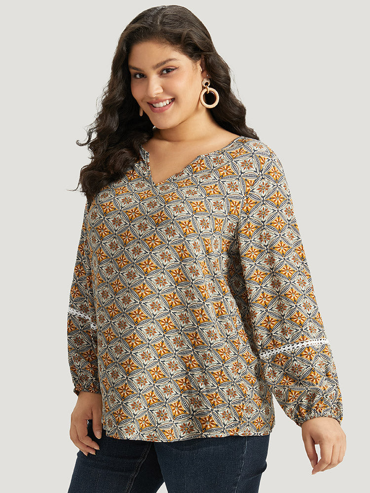 Boho Print Notched Contrast Lace Blouse