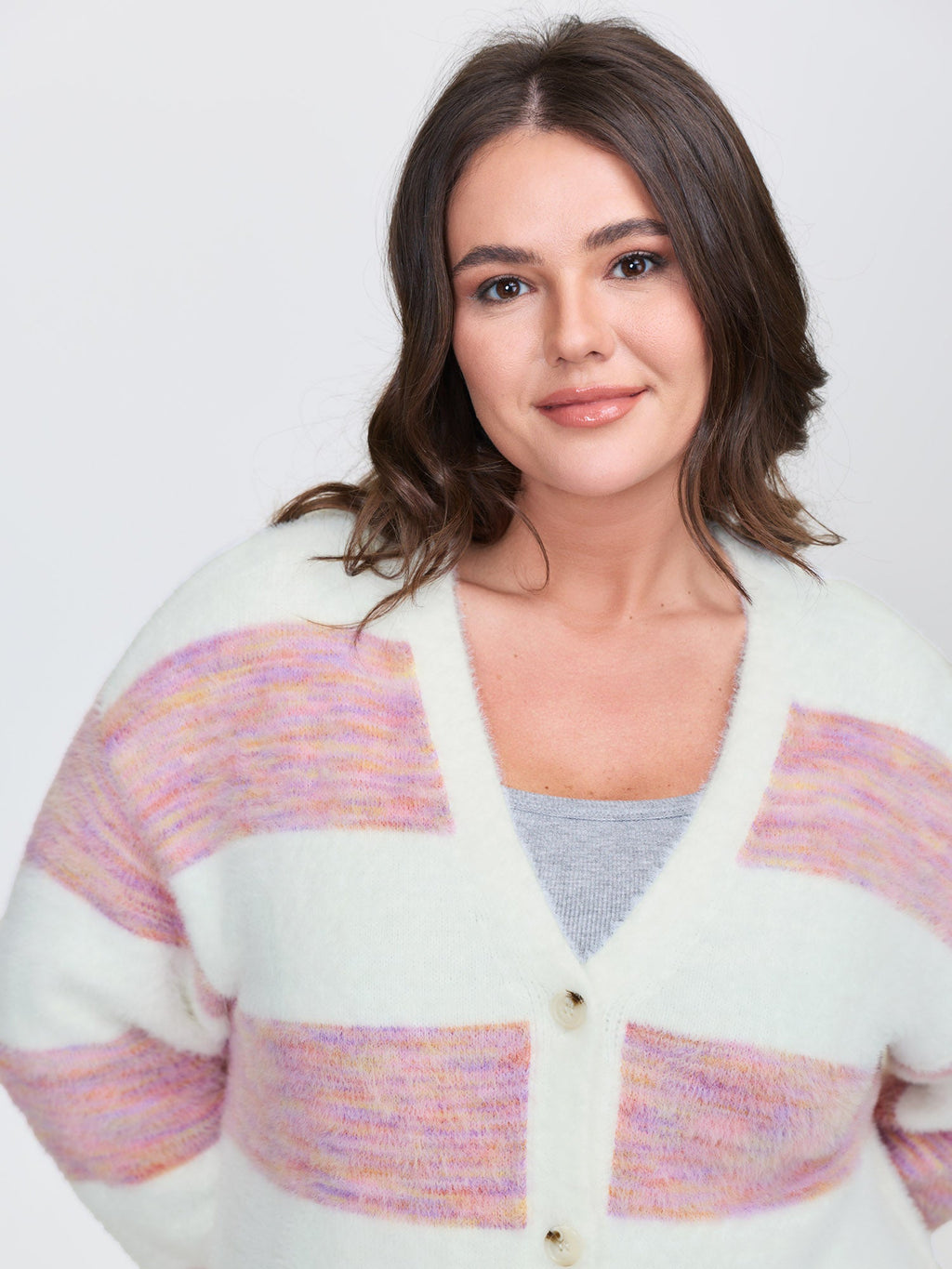 Color Stripes Furry Textured Knit Cardigan