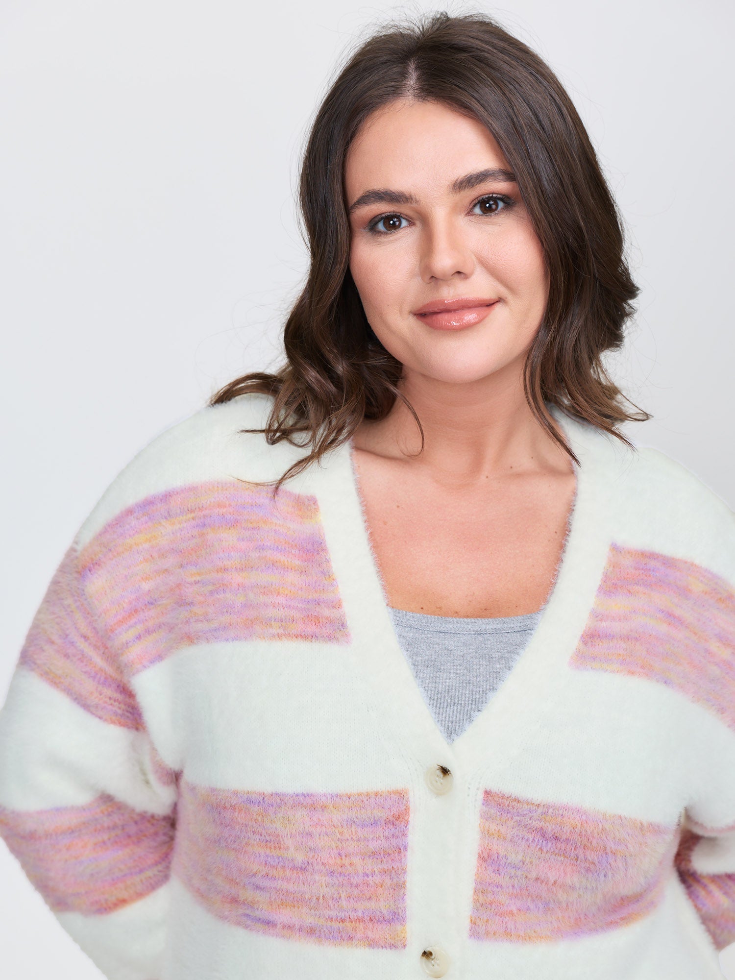 Color Stripes Furry Textured Knit Cardigan