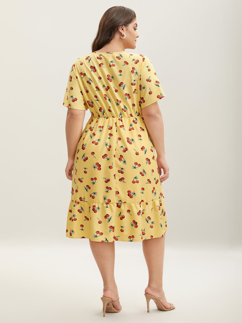 Cherry Print Stretchy Cinched-Waist Midi Dress