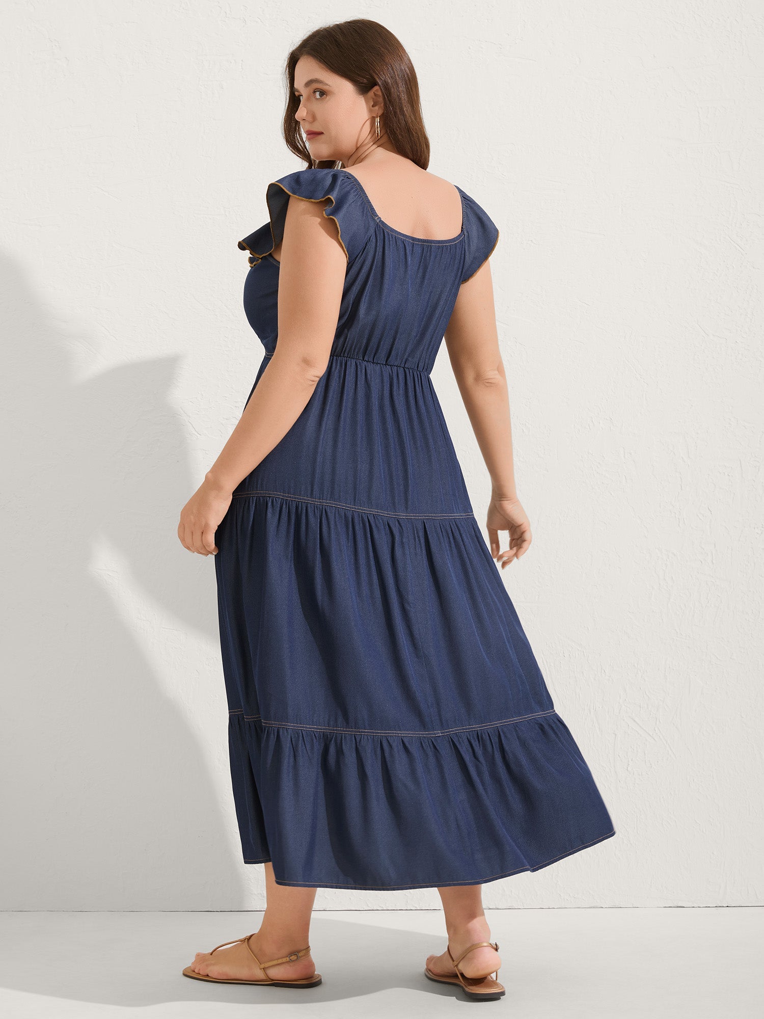 Denim-Like Ruffled Tiered Midi Dress