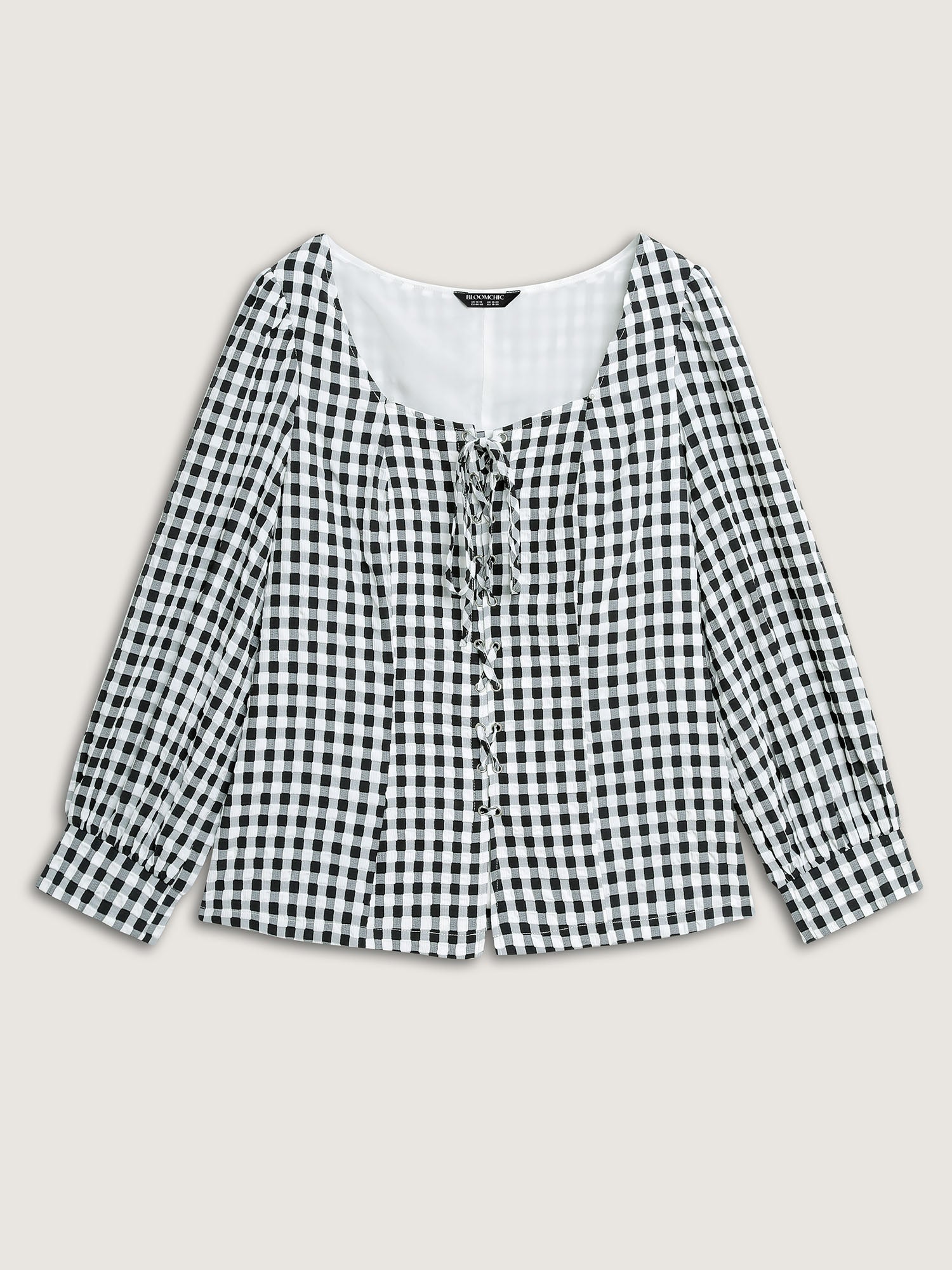 Checkered Crossover Tie Square Neck Blouse