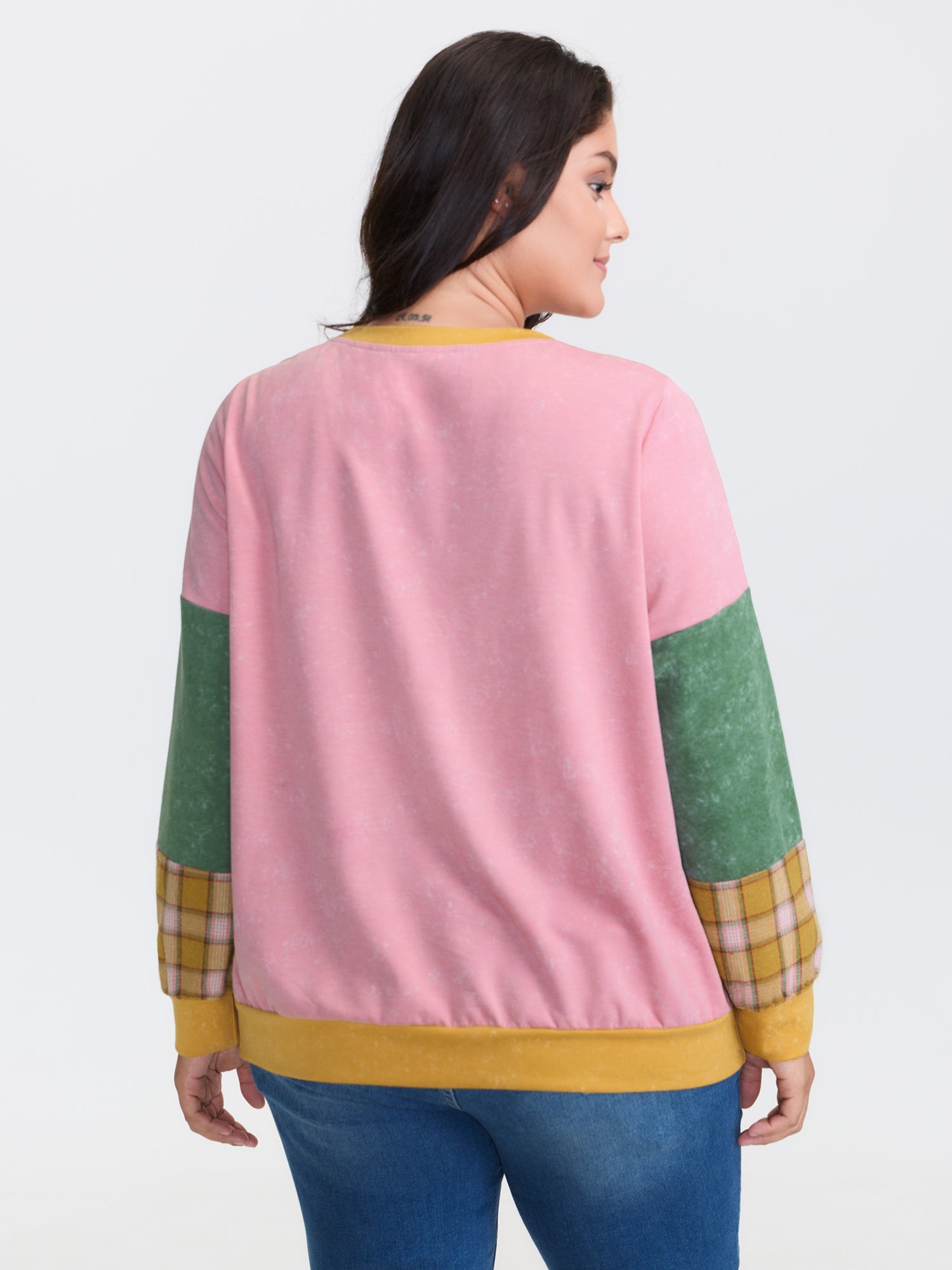 Colorblock Plaid Round Neck Sweatshirt