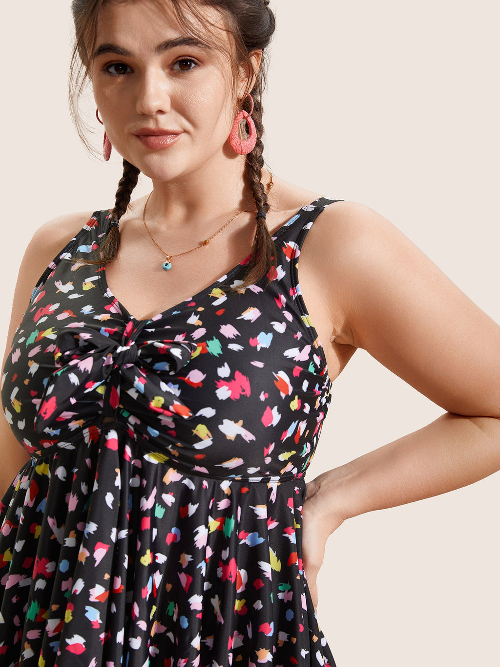 Allover Print V Neck Gathered Swim Top