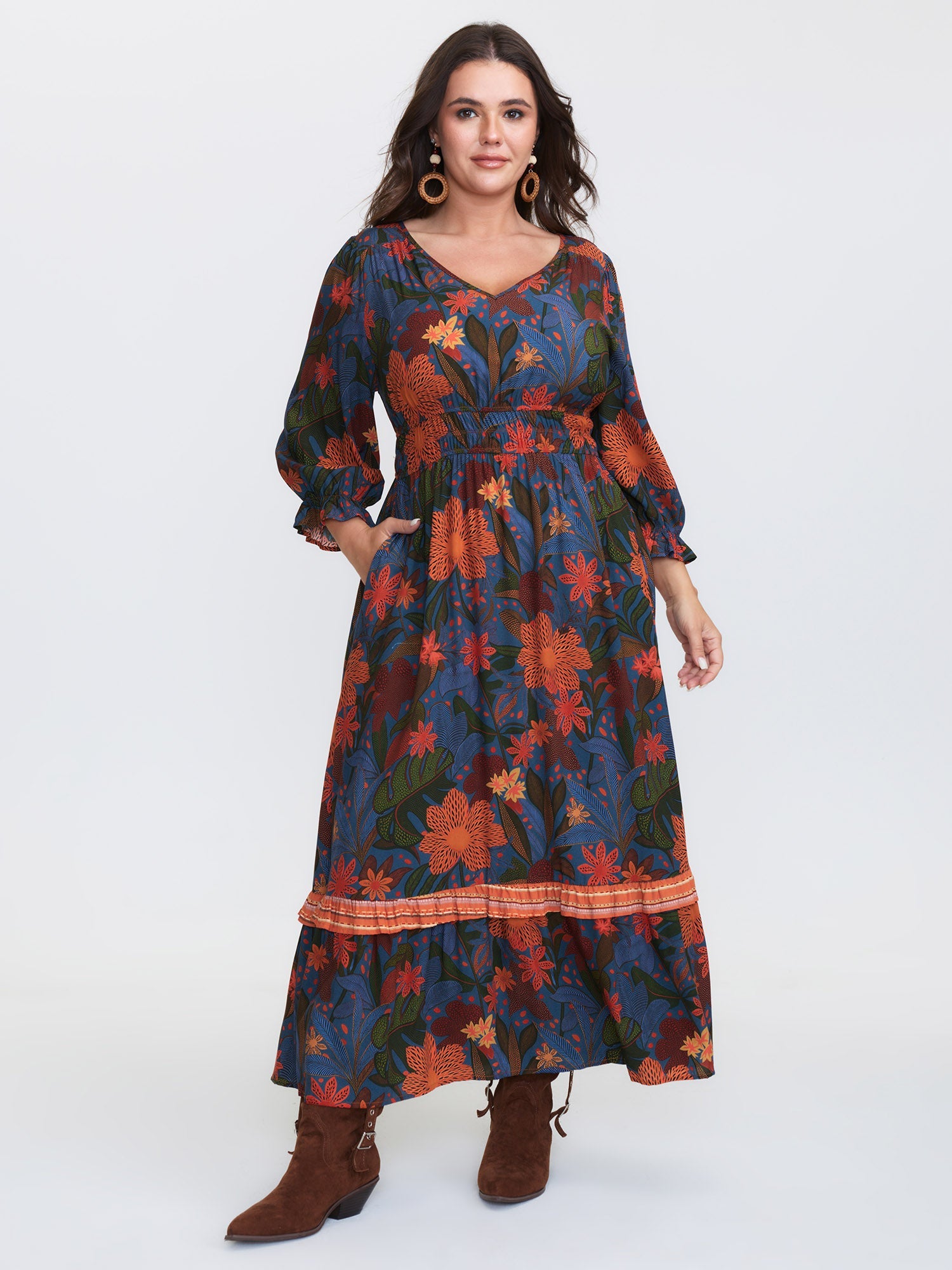 Colorful Floral Print Waistband Maxi Dress