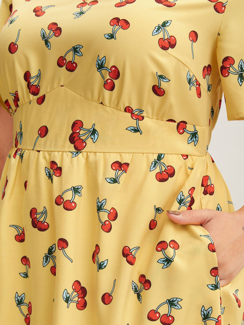 Cherry Print Stretchy Cinched-Waist Midi Dress