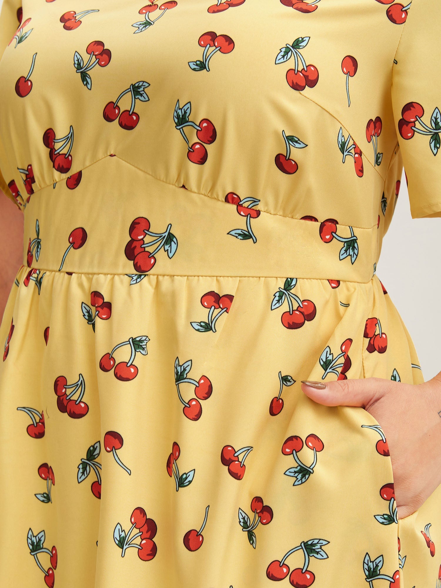 Cherry Print Stretchy Cinched-Waist Midi Dress