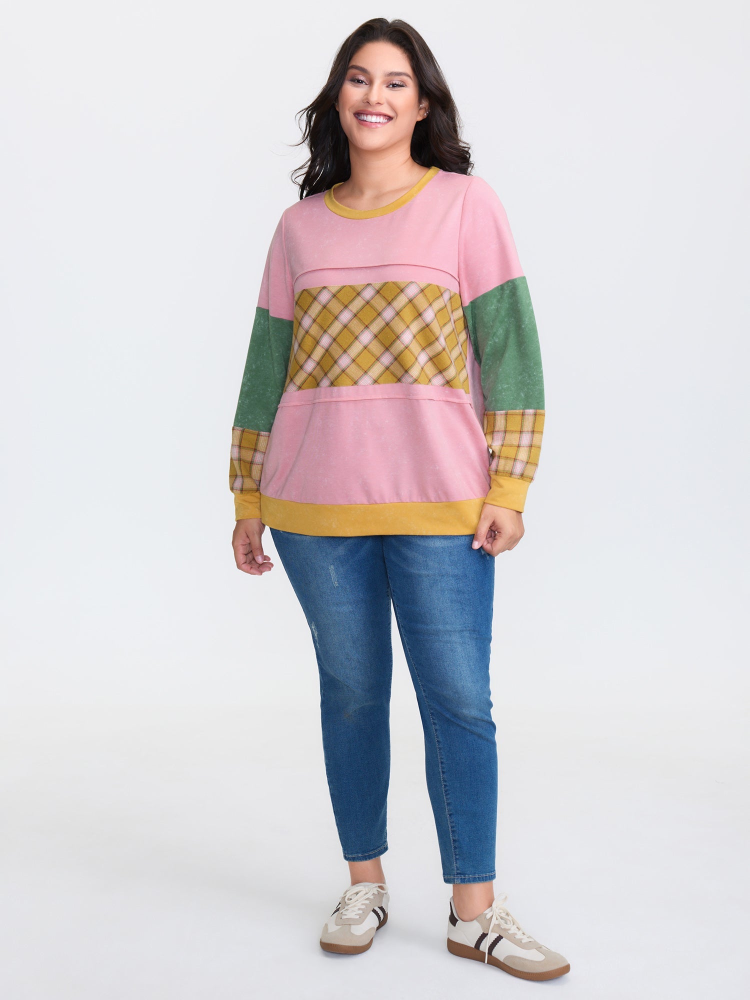 Colorblock Plaid Round Neck Sweatshirt