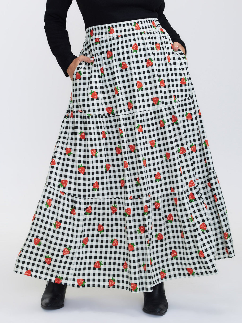 Checkered Fruity Print Tiered Maxi Skirt