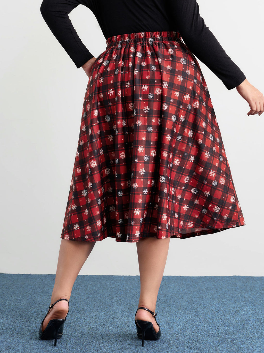 Checkered Snowflake Pattern Midi Skirt