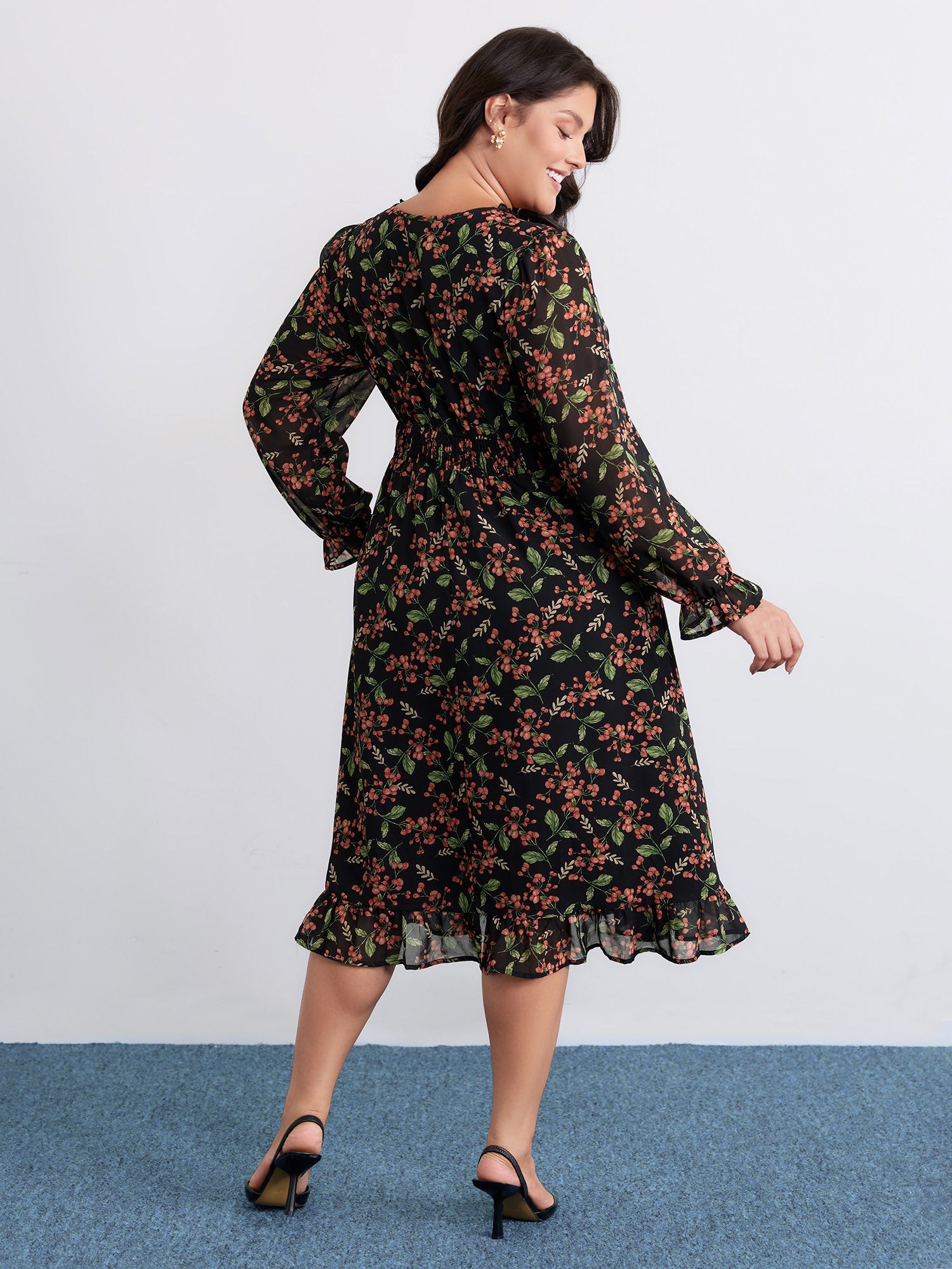 Chiffon Floral Ruffled Trim Pockets Midi Dress