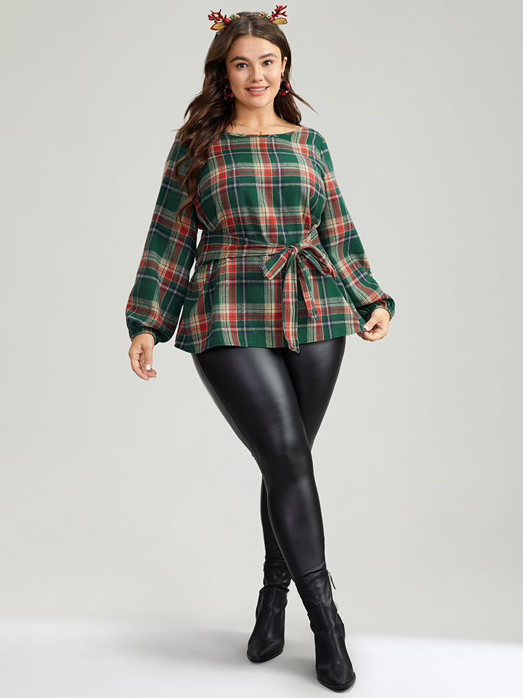 Christmas Plaid Ties Lantern Sleeve Blouse