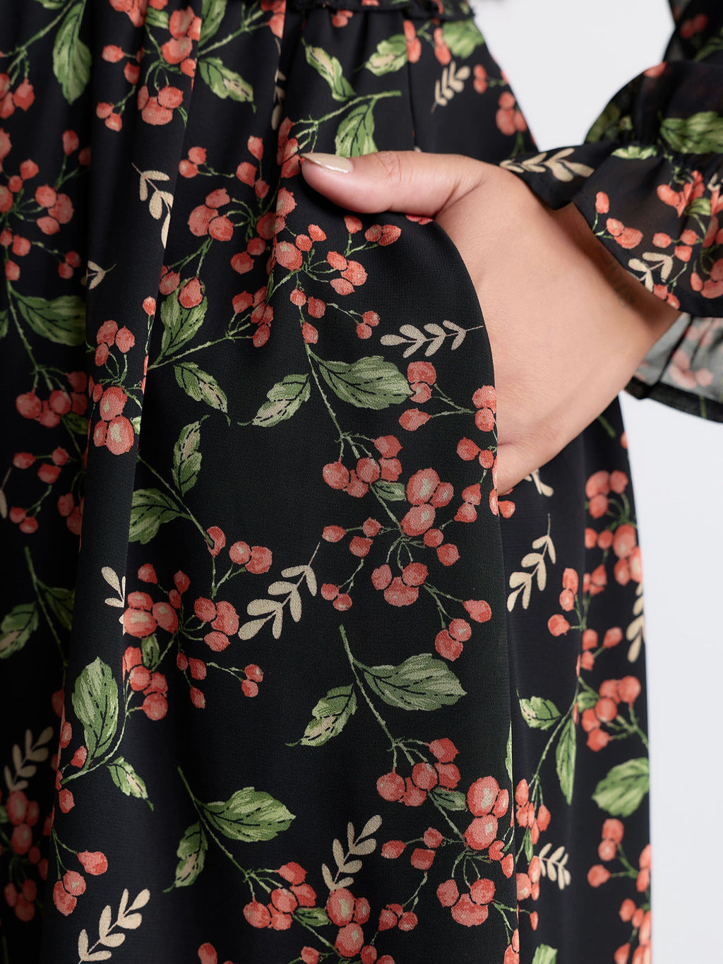 Chiffon Floral Ruffled Trim Pockets Midi Dress