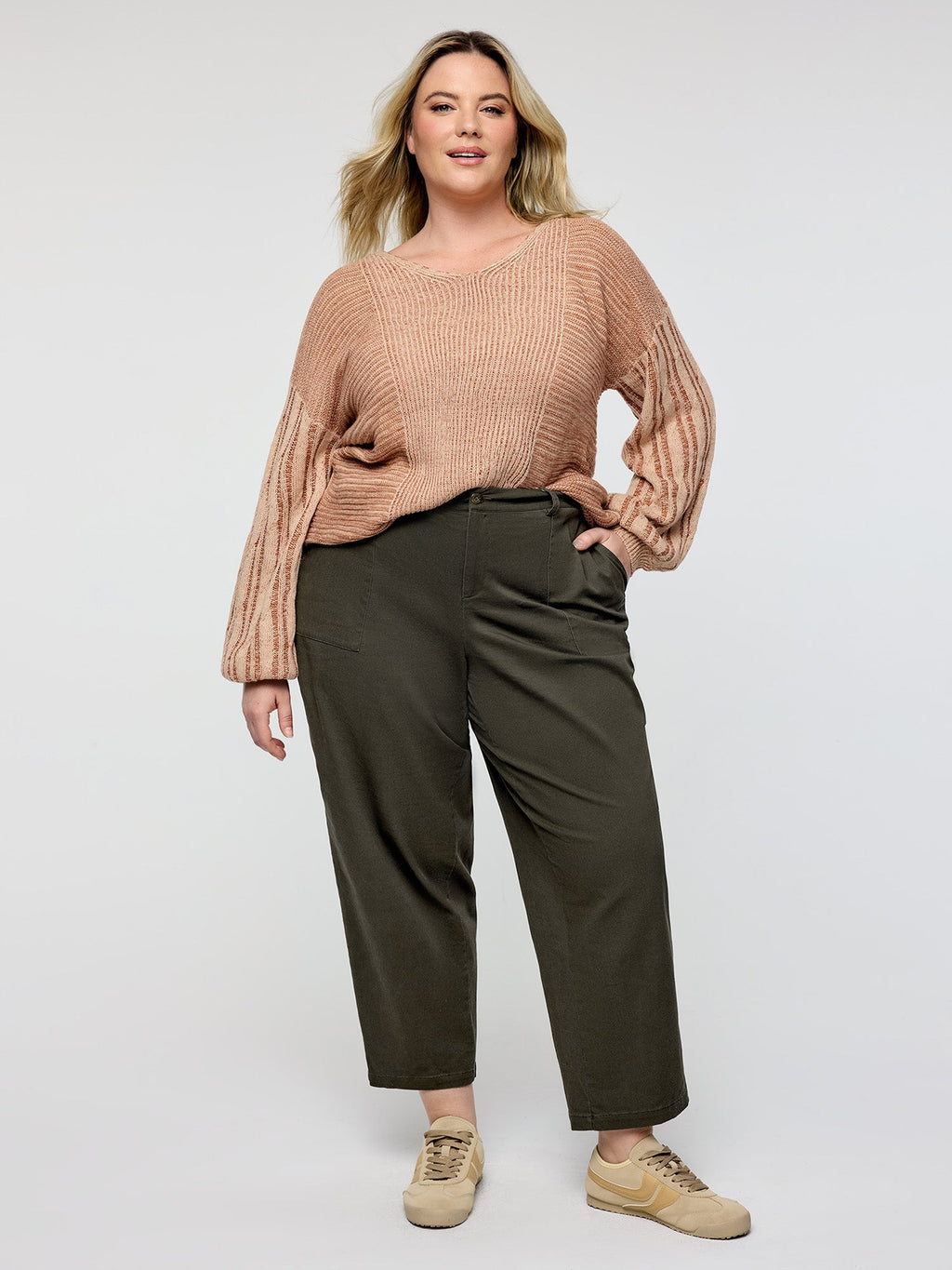 Cotton Stretchy Waist Pockets Straight Leg Pants