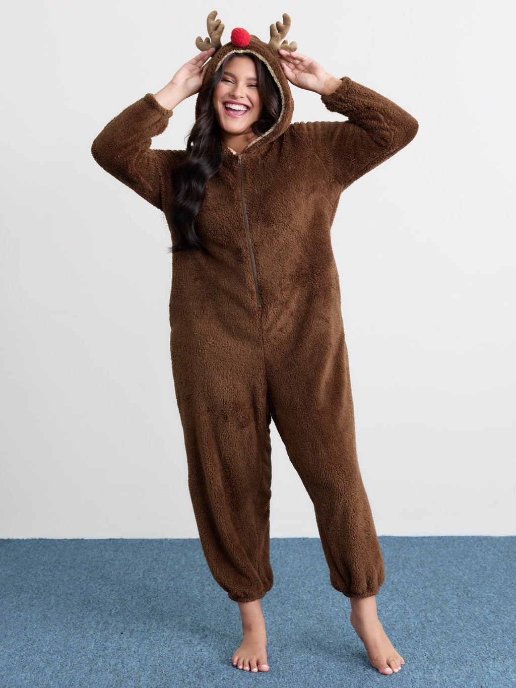 Supersoft Fluffy Reindeer Hoodie Sleep Jumpsuit