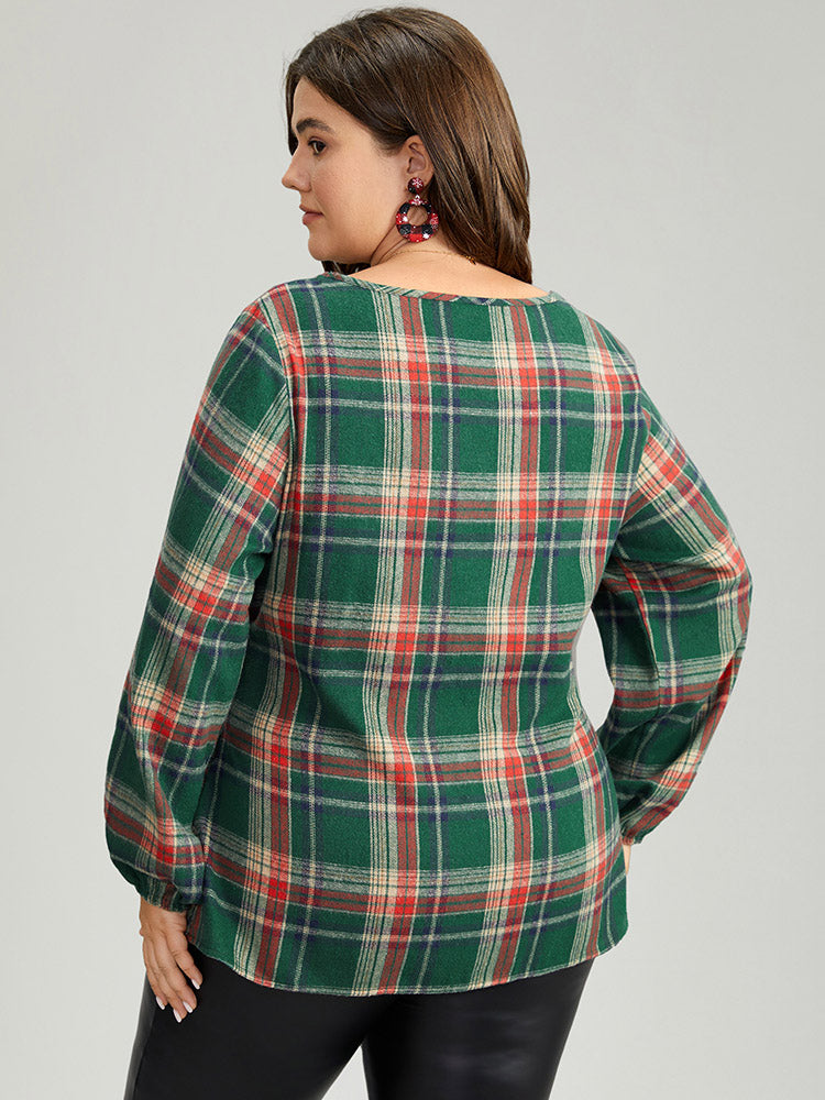 Christmas Plaid Ties Lantern Sleeve Blouse