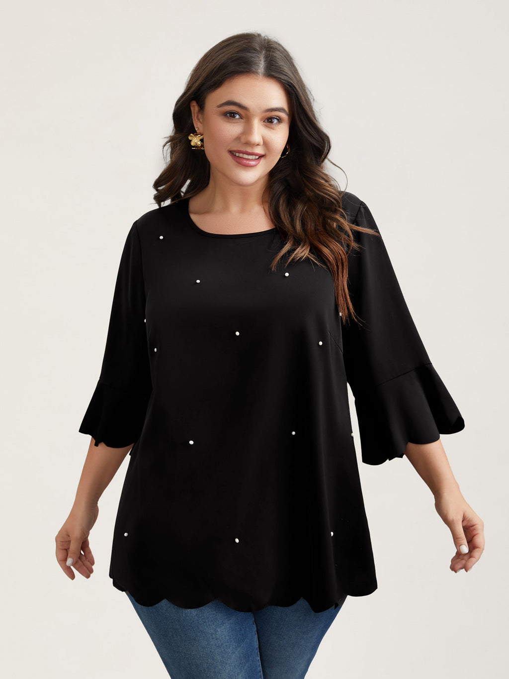 Beads Embellished Scalloped Hem Shirt