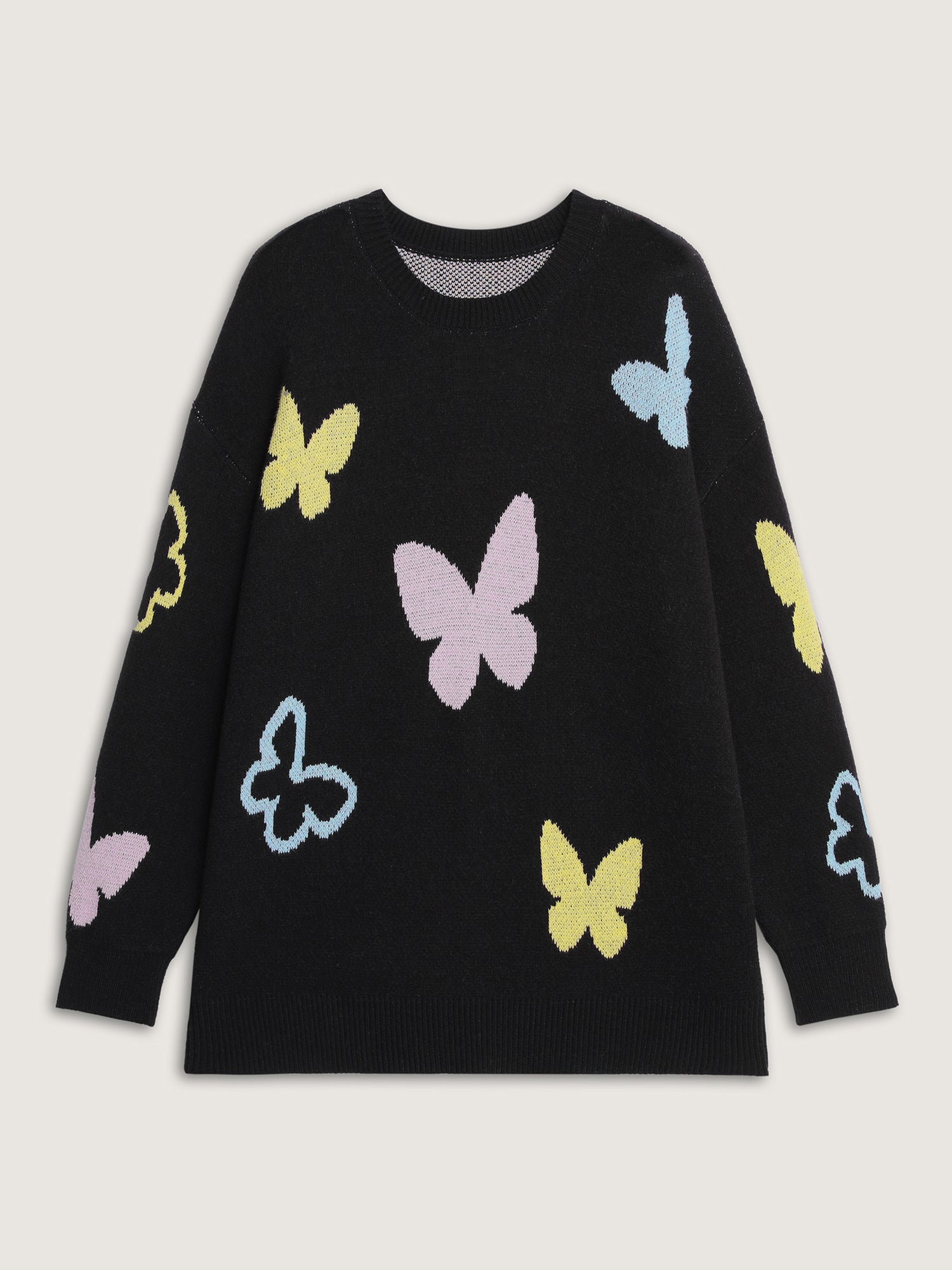 Butterfly Jacquard Pattern Round Neck Pullover