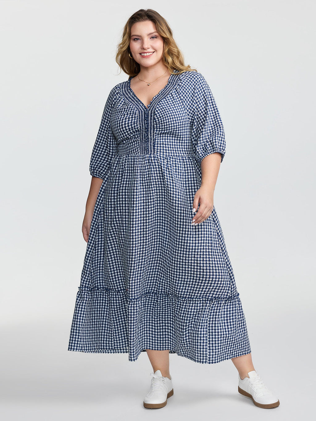 Checkered Shirred Pockets Tiered Maxi Dress