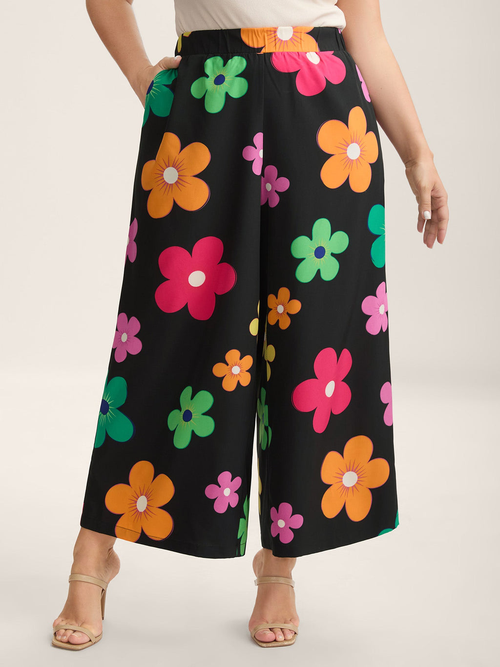 Colorful Large Floral Print Wide-Leg Pants