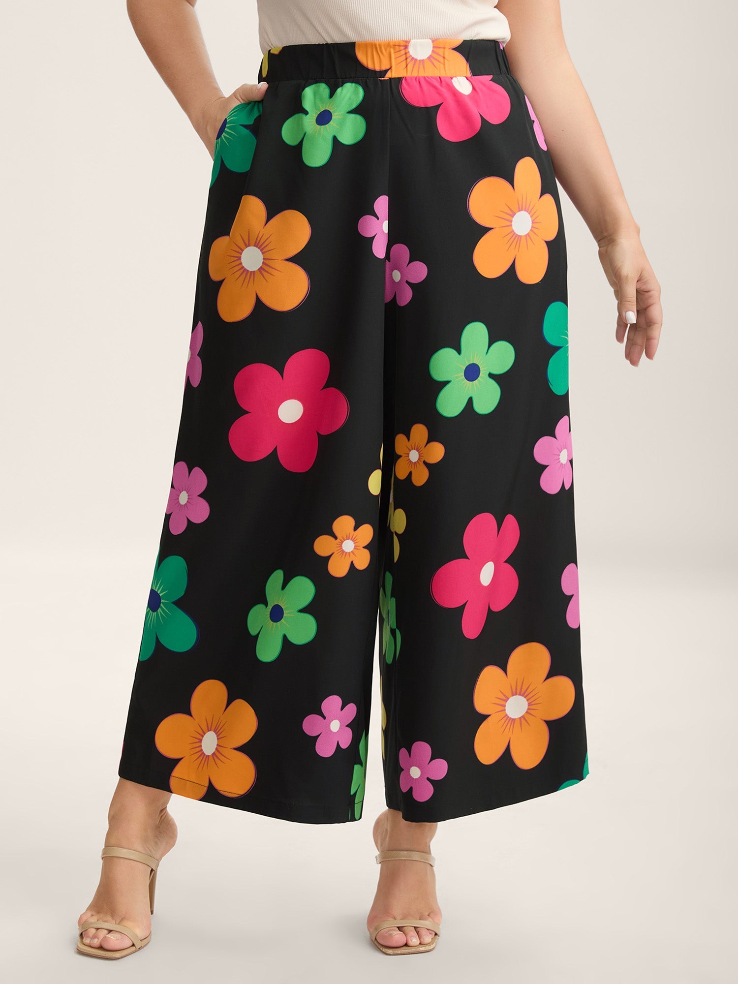 Colorful Large Floral Print Wide-Leg Pants