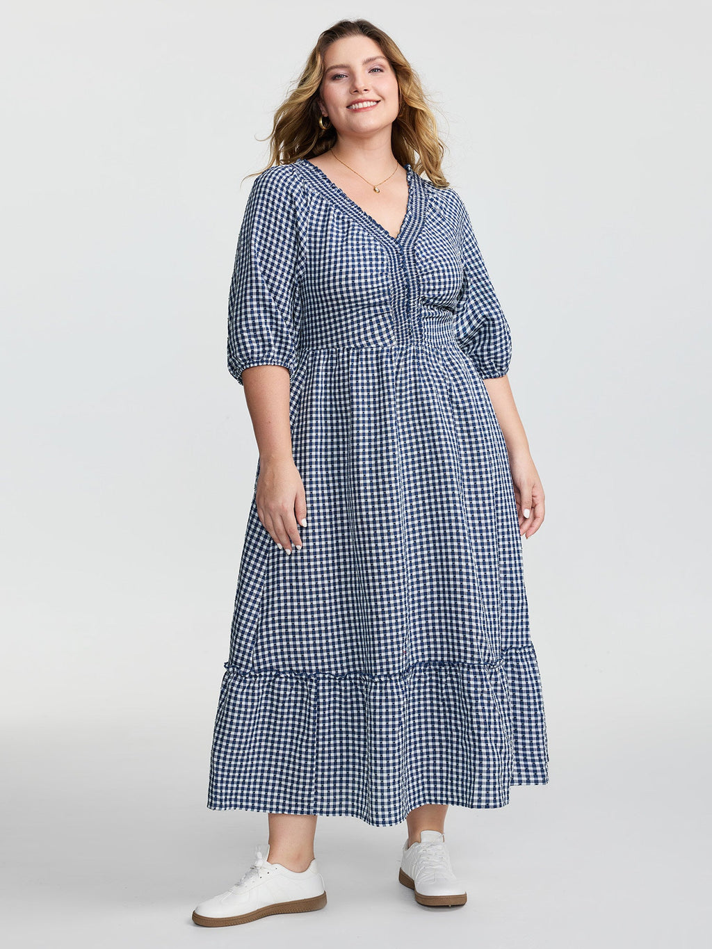 Checkered Shirred Pockets Tiered Maxi Dress